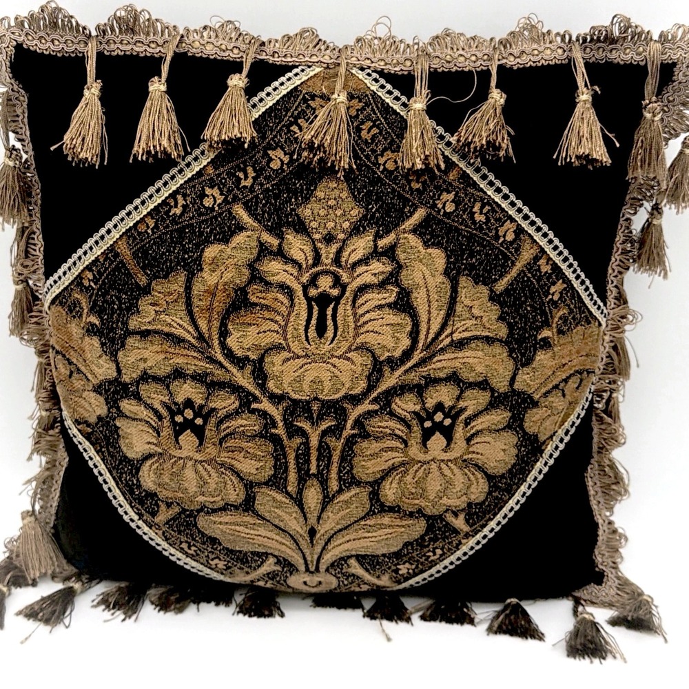 VTG Black Gold Tapestry Velvet Throw Pillow Damask Floral Tassel Trim